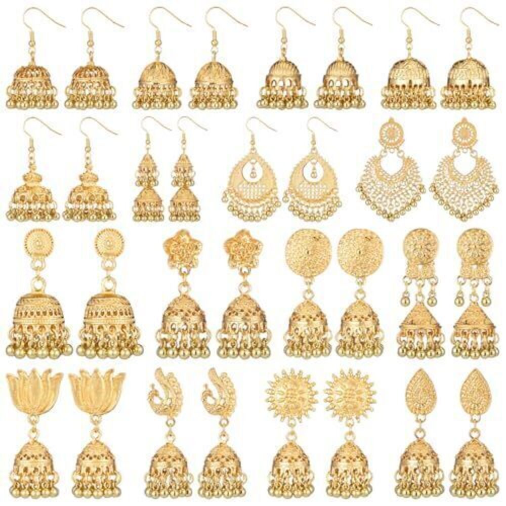 2255 16 Pairs Jhumkas Indian Earrings Vintage Jhumka Bell Hoop Dangle